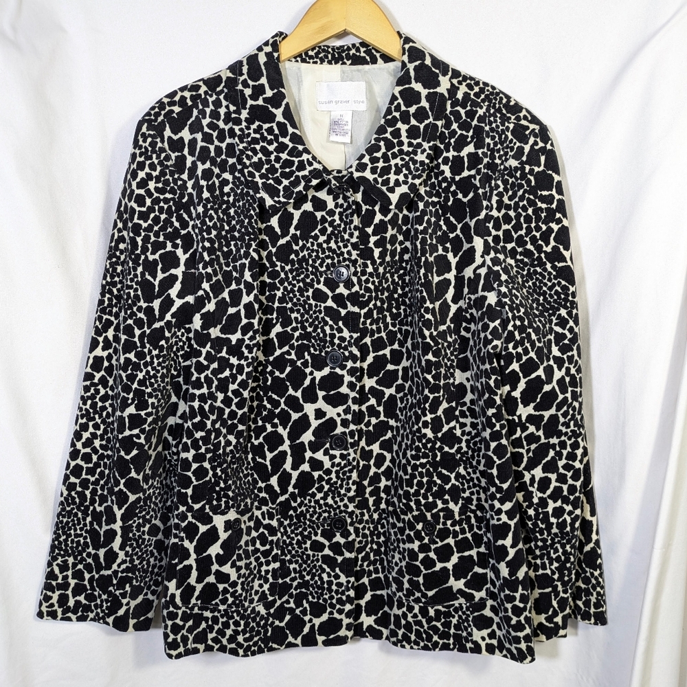 Susan Graver Corduroy Jacket Blazer‎ Giraffe Animal Print Cotton Black Cream 1X